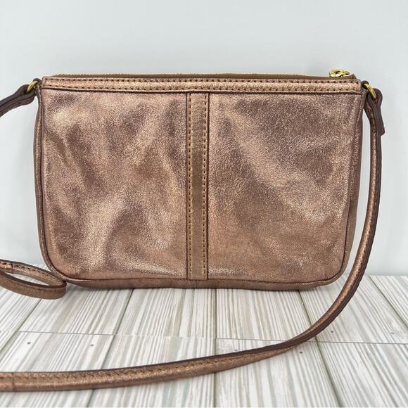Fossil Erin bag crossbody cow hide rose gold leather zip top purse - Picture 5 of 16